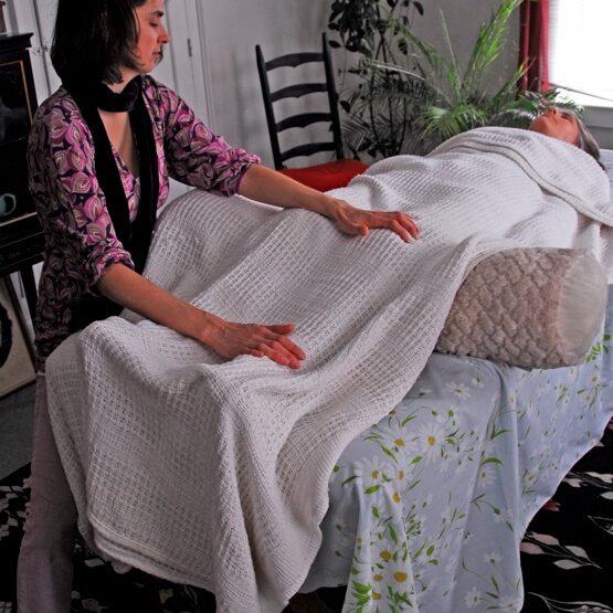 Client reclining on table with white blanket as healer runs energy through hands into clients body at ankles and knees, plants in background